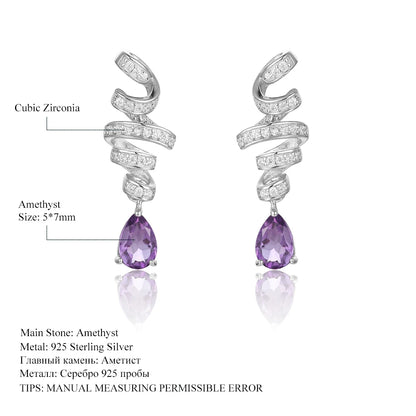 GEM'S BALLET Ribbon Swirl Earrings 5x7mm Pear Shape Natural Amethyst Gemstone Drop Earrings in 925 Stering SIlver Gift For Her