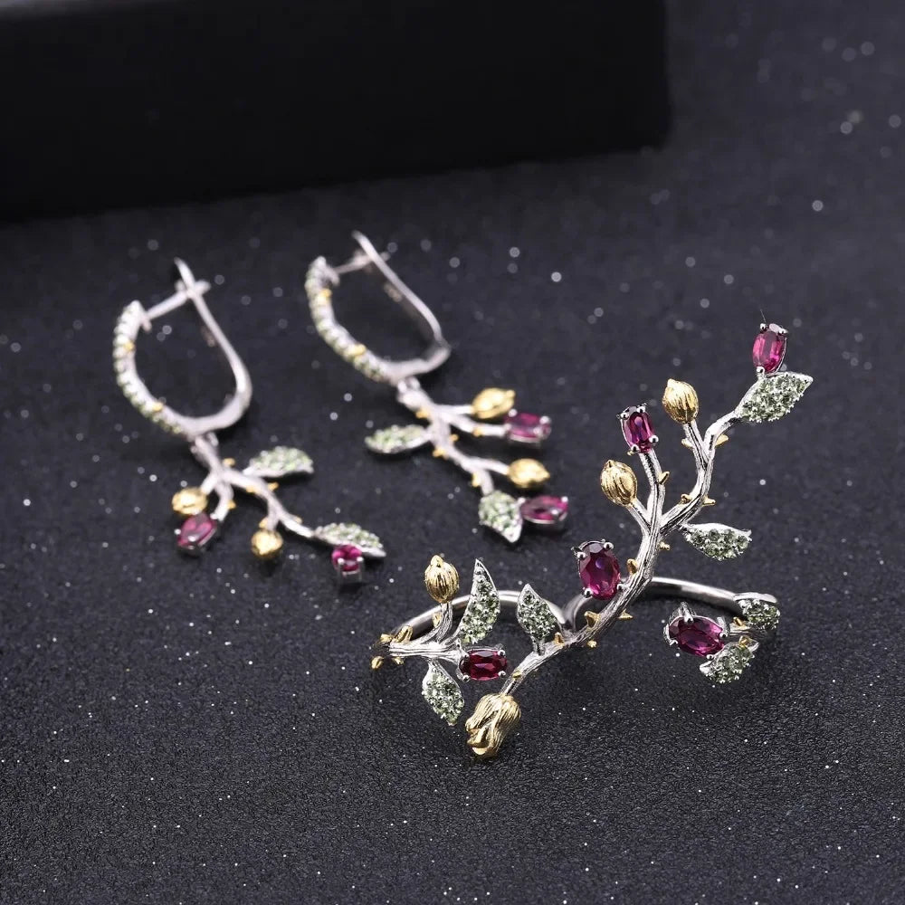 GEM'S BALLET 2.14Ct Natural Rhodolite Garnet 925 Sterling Silver Adjustable Ring Statement Tree Double Finger Rings for Women