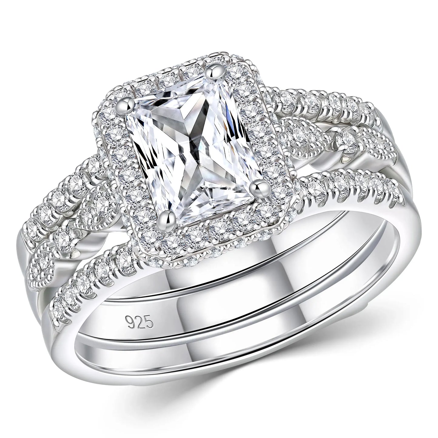 Newshe 2Pcs  GRA Certified Moissanite Radian Cut Wedding Rings Set for Women 925 Sterling Silver Bridal Ring