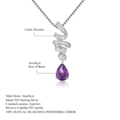 GEM'S BALLET Ribbon Swirl Necklace 6x8mm Pear Shape Natural Amethyst Gemstone Necklace in 925 Stering SIlver Gift For Her
